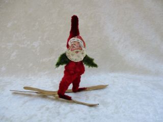 Vintage Chenille Santa Claus With Paper Face And Skis