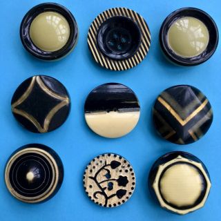 9 Vintage Art Deco Black & Cream Celluloid Buttons,  26mm To 31mm