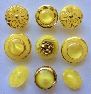 9 Vintage Yellow Moonglow Glass Buttons,  14mm To 16mm