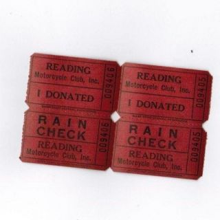 2 Vintage Old Reading Motorcycle Club I Donated Rain Check Tickets Harley Biker