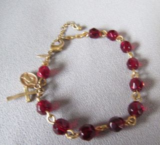 Avon Virgin Mary & Cross Charms Dark Red Bead Gold Tone Chain Bracelet - -