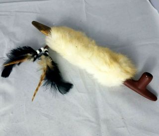 Native American Indian Handmade Wood Leather Fur Peace Pipe Terra - Cotta Bowl Vtg