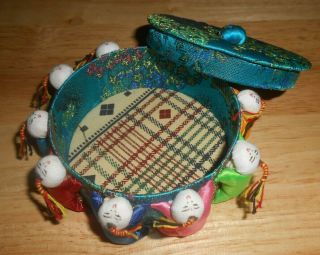 Teal Silk 10 Chinese Children Pin Cushion Sewing Needle Box With Lid