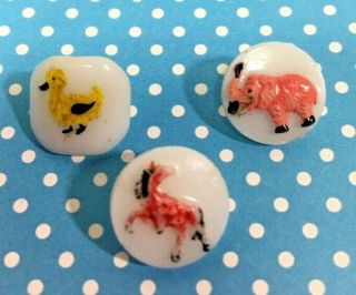 3 Vintage Painted Glass Kiddie Button Baby 1/2 Inch Duck Horse Elephant M2