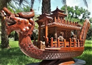 Large Vintage Chinese Hand Carved Teakwood Dragon Boat - 22 "