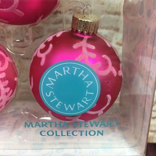 Martha Stewart Glass Christmas Ornaments Hot Pink Leaf Print 5pc Box