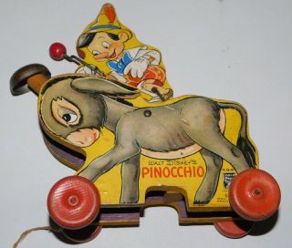Walt Disney Pinocchio On Donkey Fisher Price Paper Litho On Wood Pull Toy 1939
