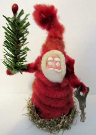 Antique Chenille Santa Claus,  Celluloid Face,  Tree And Key,  Tinsel