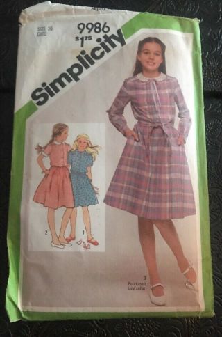 Simplicity 9986 Vintage Girls Shirt Dress Pattern Size 10