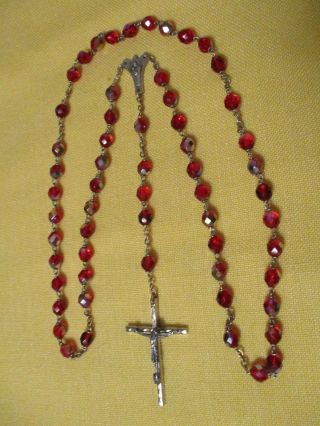 Vintage Silver/red Glass (plastic ?) Rosary Beads " Our Lady Of The Snows " Italy