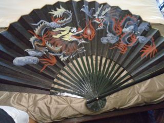 Vtg.  Large Chinese Hand Painted Fan Decorative Art 80 Inches Paper Tag