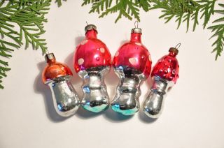 4 Mushrooms Vintage Antique Glass Figural Christmas Ornaments,  Ussr Ornaments