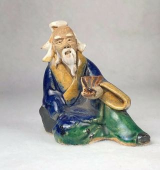 Vintage Antique Chinese Mudman Mud Man 2.  5 " Tall Sitting With Fan Rock Bonsai