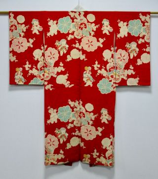 Japanese Kimono Silk Antique Juban / Red / Vintage Textile / Silk Fabric /134