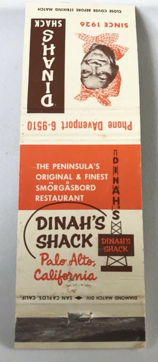 Old Matchbook Cover Dinah’s Shack Palo Alto Ca Since 1926