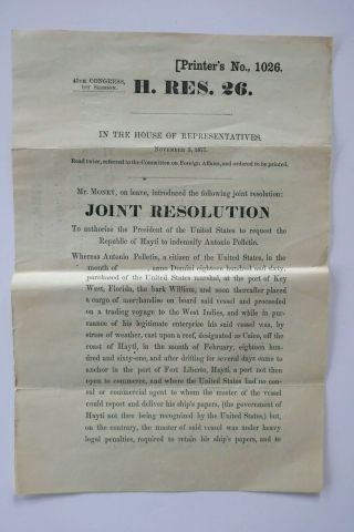 Ephemera Joint Resolution 1877 U.  S.  House Of Representative Indemnify Haiti