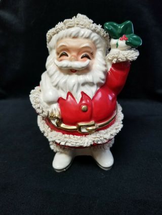Vintage Christmas Santa Claus Ceramic Bank With Spaghetti Trim White Boots