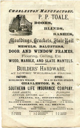 1875 Charleston Sc Advertisements Broadside Like D P Toale Doors Blinds Sashes