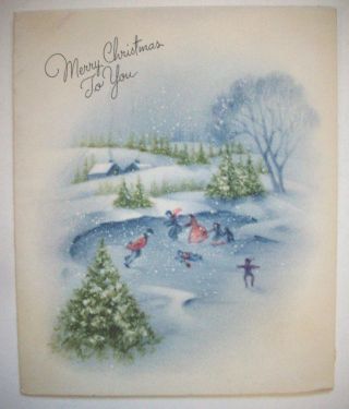 Families Ice Skating On Pond Vintage Christmas Greeting Card B