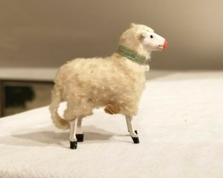 8th Miniature Wooly Sheep.  Wooden Legs,  Wool - Wrapped Body.  Blue Collar German