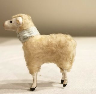 7th Miniature Wooly Sheep.  Wooden Legs,  Wool - Wrapped Body.  Blue Collar German