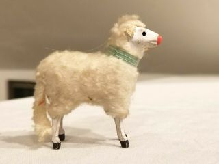 6th Miniature Wooly Sheep.  Wooden Legs,  Wool - Wrapped Body.  Blue Collar German