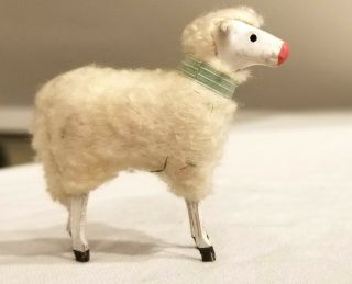 1st Miniature Wooly Sheep.  Wooden Legs,  Wool - Wrapped Body.  Blue Collar German