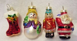 4 Glass Vintage Christmas Ornaments Feather Tree Snowman Nutcracker Santa Stocki