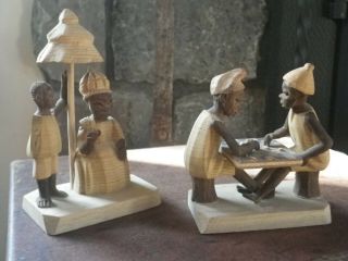 Pair Vintage African Folk Art Wood Carving Nigerian Thorn Wood Man Checkers Woma