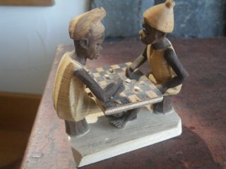 PAIR Vintage African Folk Art Wood Carving Nigerian Thorn Wood Man Checkers Woma 3