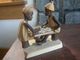 PAIR Vintage African Folk Art Wood Carving Nigerian Thorn Wood Man Checkers Woma 7
