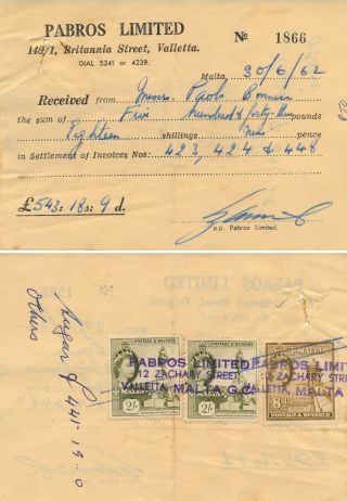Malta 1962,  Receipt Document With Postage Stamps As Revenues.  B14