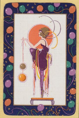 1 Single Vintage Swap/playing Card Deco Flapper Lady Balloons Border Gold Detail