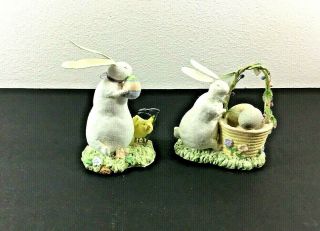 Easter Bunny Rabbit Figurines Baby Chick Basket Wooden Eggs Spring Set Of 2