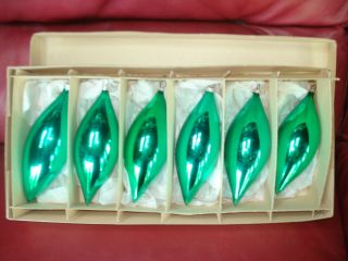 6 Vintage Teal Green Glass Teardrop Christmas Tree Ornaments West Germany Box