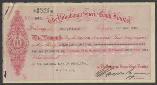 The Yokohama Specie Bank Ltd 1937 Singapore Cheque / Check
