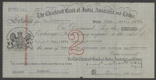 The Chartered Bank Of India Australia & China 1936 Ipoh,  Perak Cheque / Check