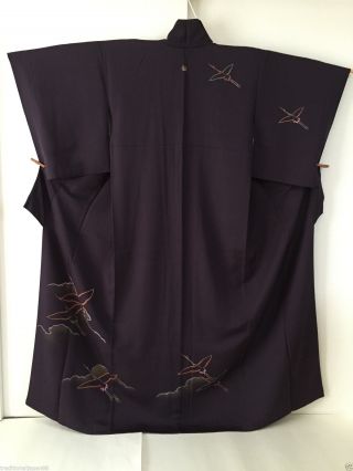 Vintage Japanese Silk Kimono Dress Robe Tsukesage,  Crane,  Purple K743 3