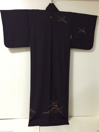 Vintage Japanese Silk Kimono Dress Robe Tsukesage,  Crane,  Purple K743 5