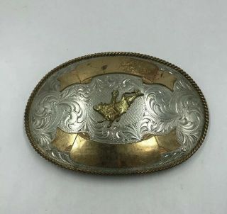 Vintage Montana Silversmith Nickel Silver Gold Belt Buckle Rodeo Bull Rider Xlrg