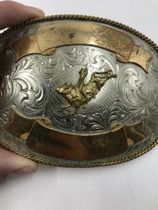 Vintage Montana Silversmith Nickel Silver Gold Belt Buckle Rodeo Bull Rider XLRG 4