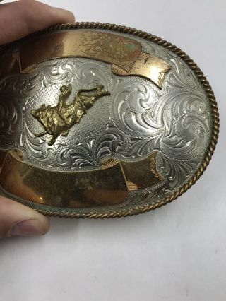 Vintage Montana Silversmith Nickel Silver Gold Belt Buckle Rodeo Bull Rider XLRG 5