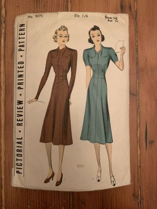 Pictorial Review Vintage Printed Sewing Pattern No.  9375 Size 16 / 34 Bust