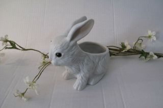 Vintage Inarco Rabbit Bunny Ceramic Planter White Bunny Pink Accents 1986