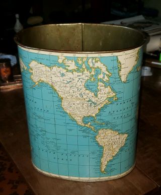 Vintage Rand - Mcnally Map Of The World Globe Metal Wastebasket By Weibro