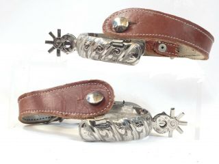 Chromed Mexican Spurs With Engraved Decoration,  Cowboy Show Spurs With Straps