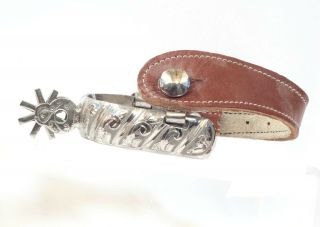 Chromed Mexican Spurs with Engraved Decoration,  Cowboy show spurs with straps 2