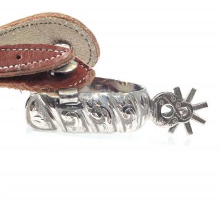 Chromed Mexican Spurs with Engraved Decoration,  Cowboy show spurs with straps 4