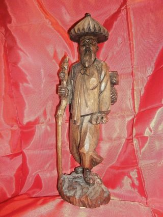 Rare Vintage Chinese/ Asian,  Hand Carved Wooden Figurine Statue Man ; Signed "
