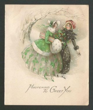 C66 - Art Deco Young Ladies In The Snow - Vintage Folding Xmas Card